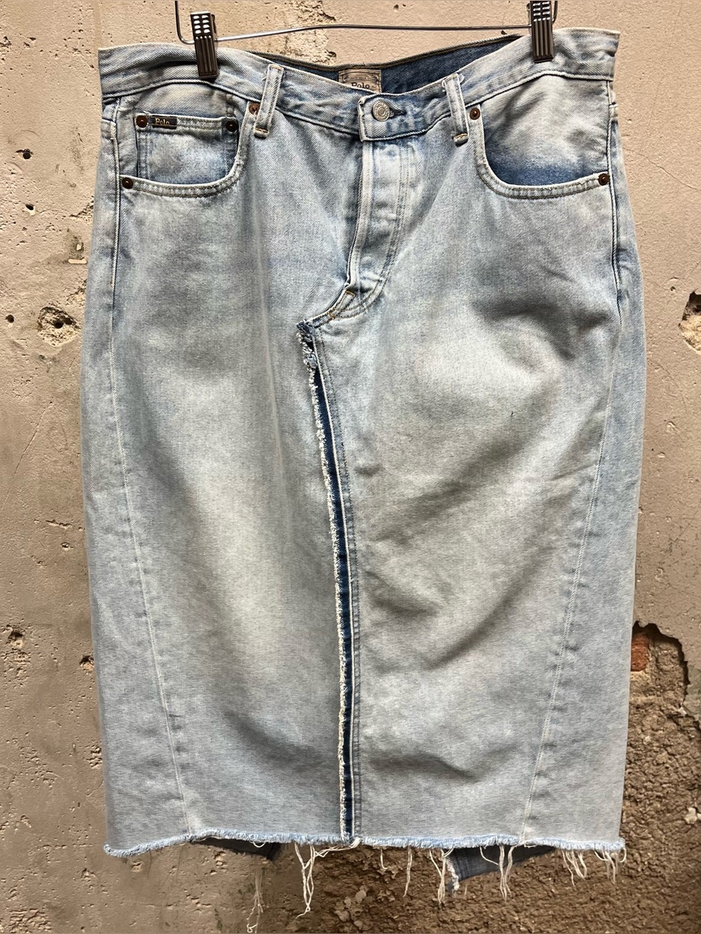 Polo Ralph Lauren Phinley Light Wash Denim Jean Midi Pencil Skirt Distressed 33